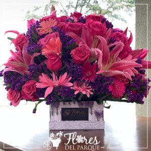Arreglo 24 rosas fucsia y lirios