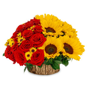 Arreglo con Girasoles, Rosas y Greenball en Base Rústica