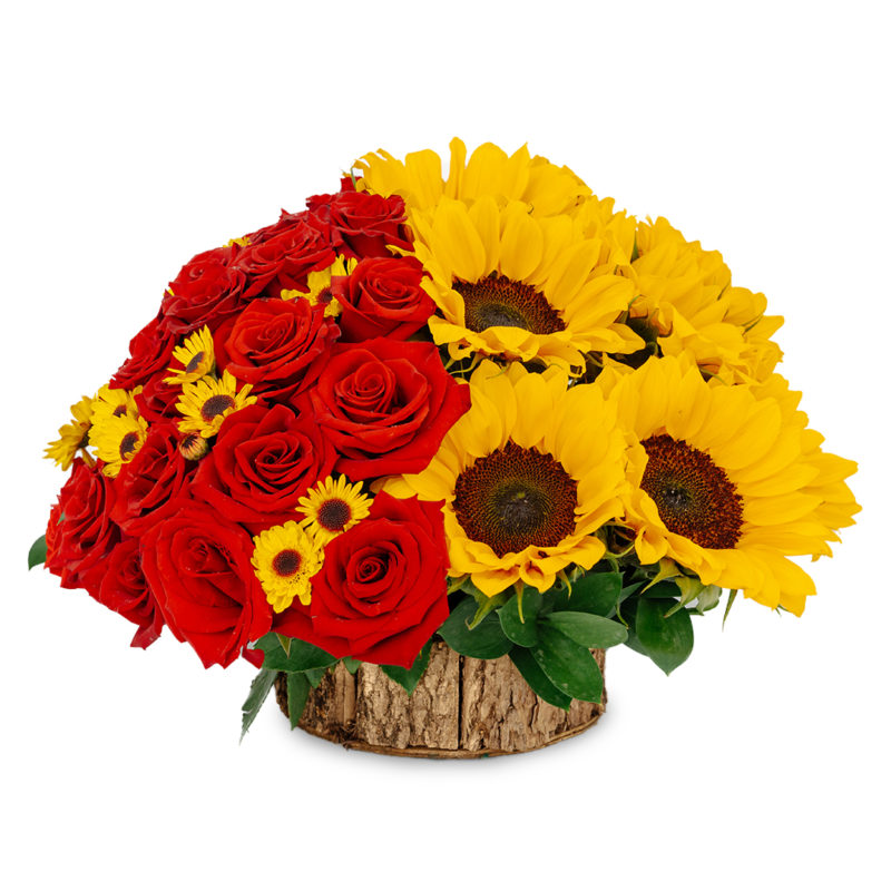 Arreglo con Girasoles, Rosas y Greenball en Base Rústica