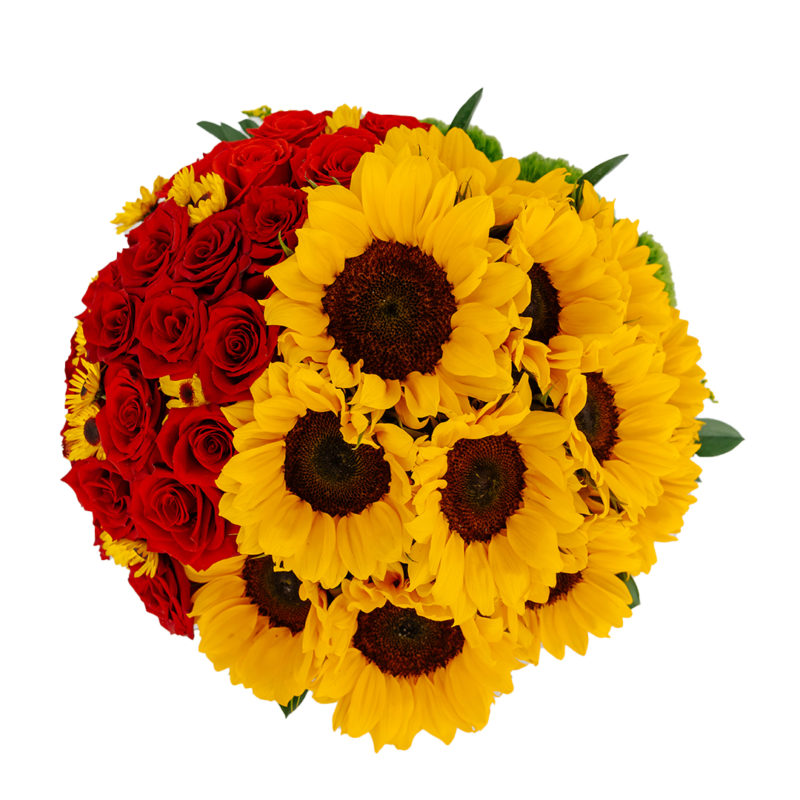 Arreglo con Girasoles, Rosas y Greenball en Base Rústica - Imagen 2