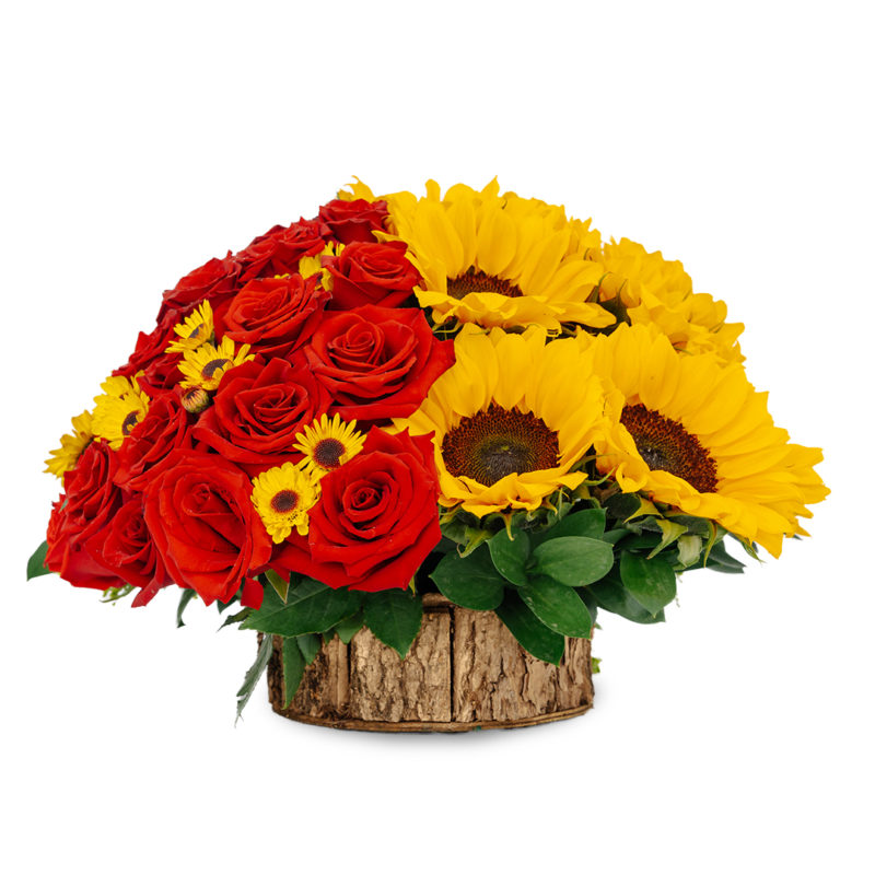 Arreglo con Girasoles, Rosas y Greenball en Base Rústica - Imagen 3
