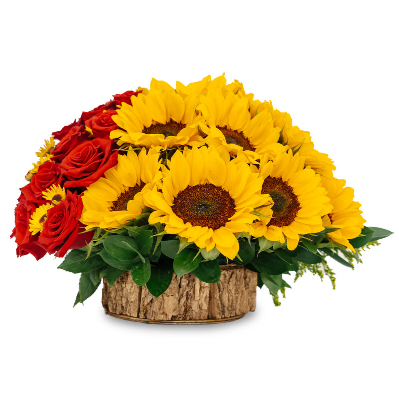 Arreglo con Girasoles, Rosas y Greenball en Base Rústica - Imagen 4
